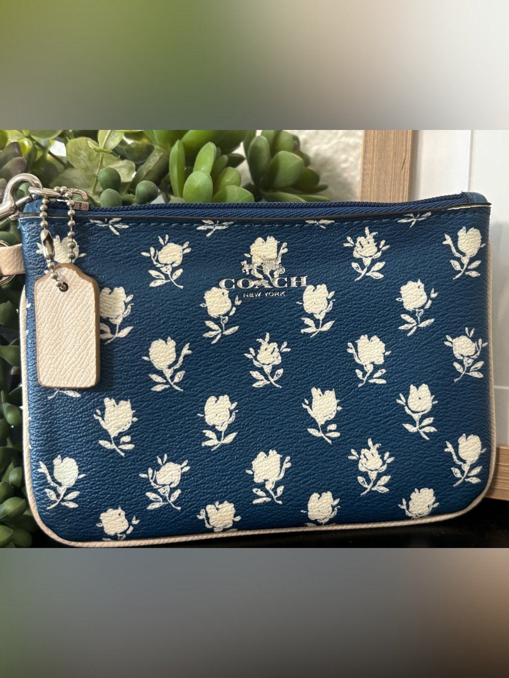 Coach Navy and White Floral Leather Zip Wristlet